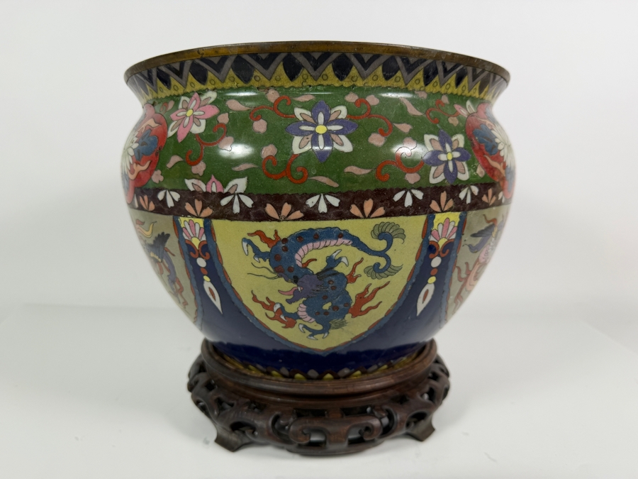 Vintage Asian Geometric Floral Cloisonne Enamel Shield Panel Dragon Jardiniere Cachepot On Carved Wood Stand With Damage - See Photos 11'W X 8.25'H [Photo 8]
