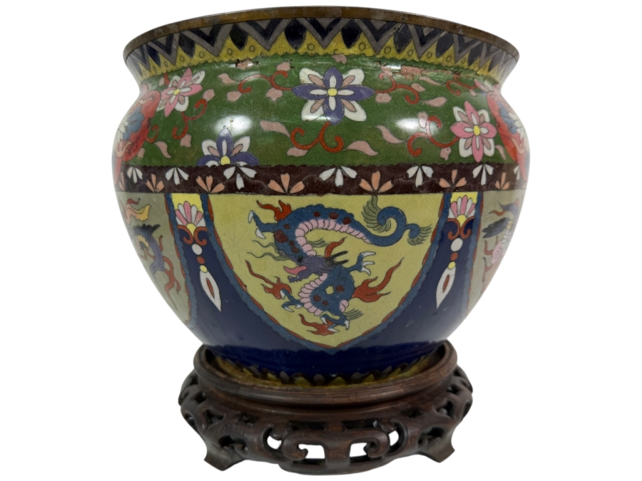 Vintage Asian Geometric Floral Cloisonne Enamel Shield Panel Dragon Jardiniere Cachepot On Carved Wood Stand With Damage - See Photos 11'W X 8.25'H