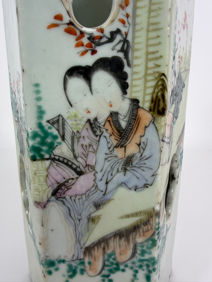 Antique Chinese Late Qing Dynasty Qianjiang Cai Enamel Hexagonal Pierced Porcelain Hat Stand Holder 11'H [Photo 3]