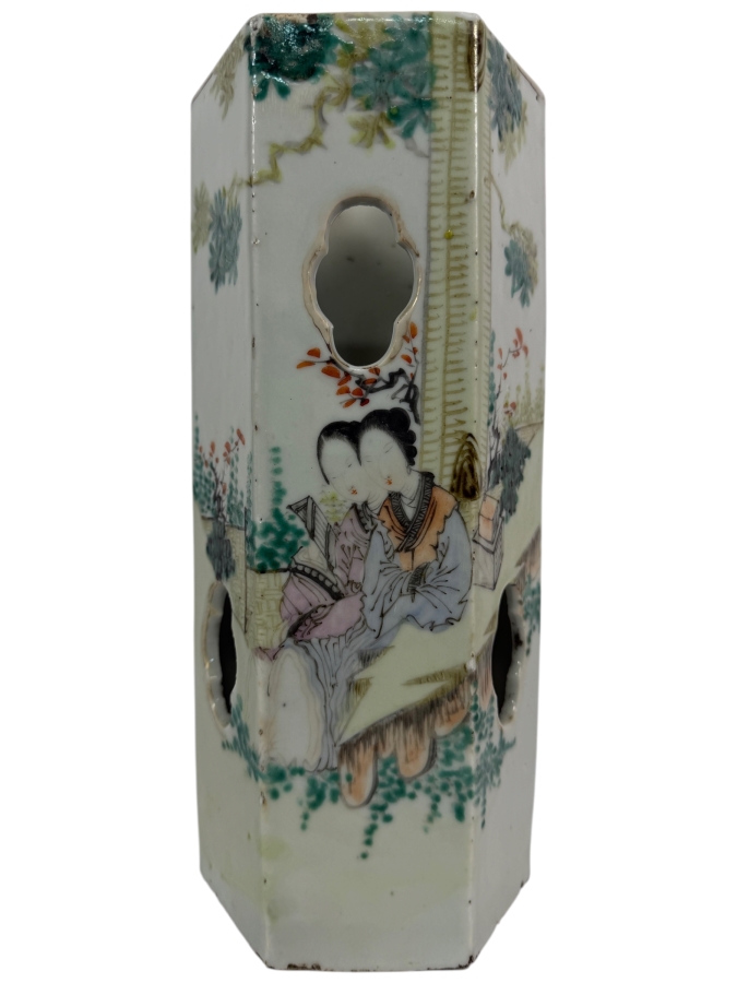 Antique Chinese Late Qing Dynasty Qianjiang Cai Enamel Hexagonal Pierced Porcelain Hat Stand Holder 11'H