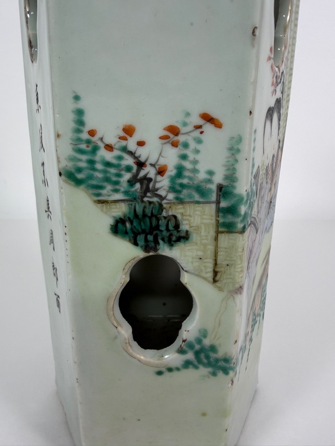 Antique Chinese Late Qing Dynasty Qianjiang Cai Enamel Hexagonal Pierced Porcelain Hat Stand Holder 11'H [Photo 6]