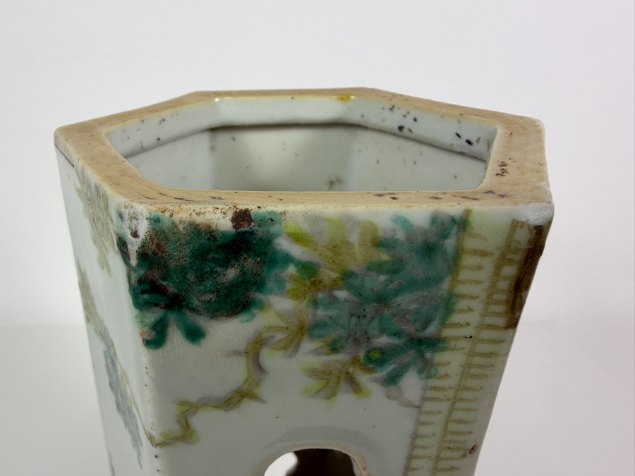 Antique Chinese Late Qing Dynasty Qianjiang Cai Enamel Hexagonal Pierced Porcelain Hat Stand Holder 11'H [Photo 4]
