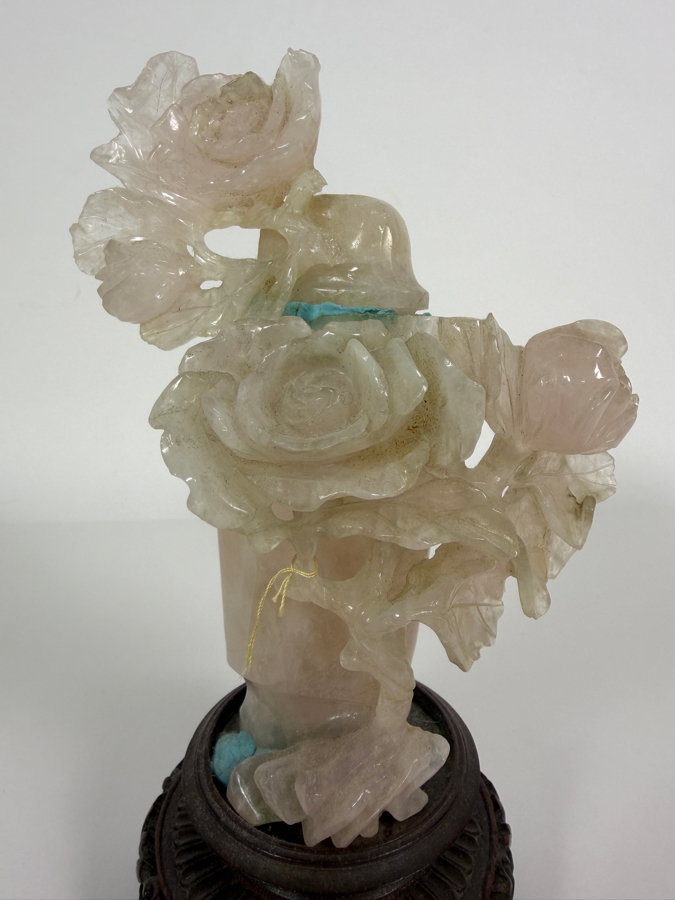 Vintage Chinese Hand Carved Genuine Rose Quartz And Celadon Jade Rose Bouquet Vase Figurine On Fitted Wood Stand 7.5'H [Photo 2]