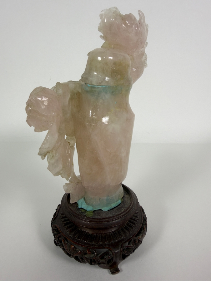 Vintage Chinese Hand Carved Genuine Rose Quartz And Celadon Jade Rose Bouquet Vase Figurine On Fitted Wood Stand 7.5'H [Photo 5]