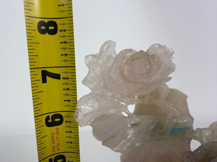 Vintage Chinese Hand Carved Genuine Rose Quartz And Celadon Jade Rose Bouquet Vase Figurine On Fitted Wood Stand 7.5'H [Photo 8]