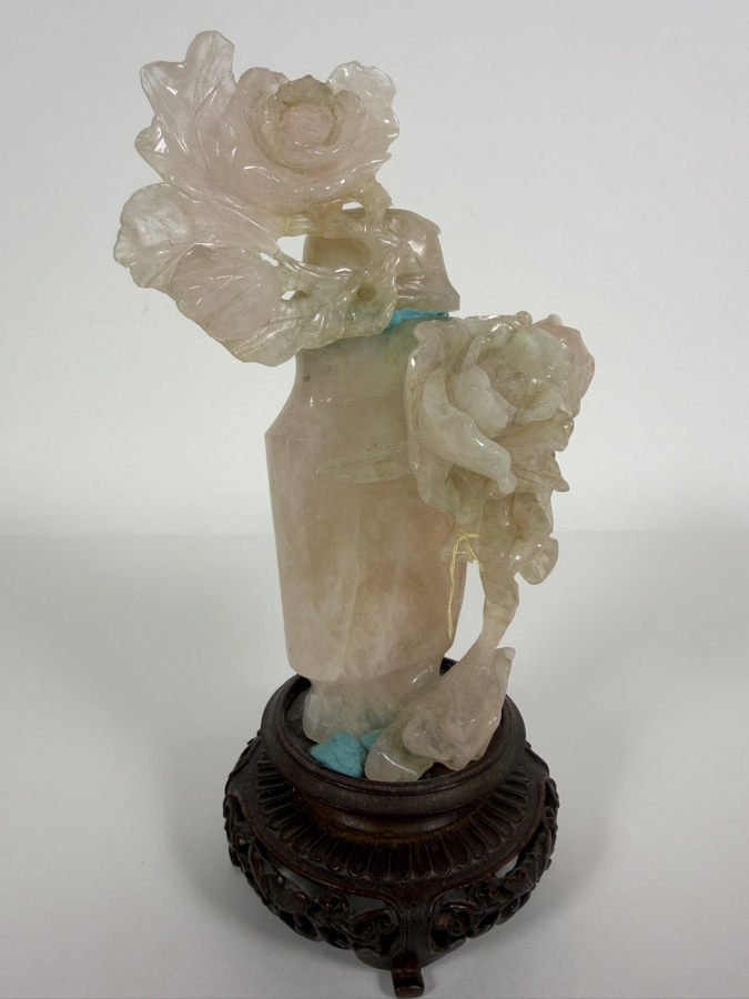 Vintage Chinese Hand Carved Genuine Rose Quartz And Celadon Jade Rose Bouquet Vase Figurine On Fitted Wood Stand 7.5'H [Photo 3]