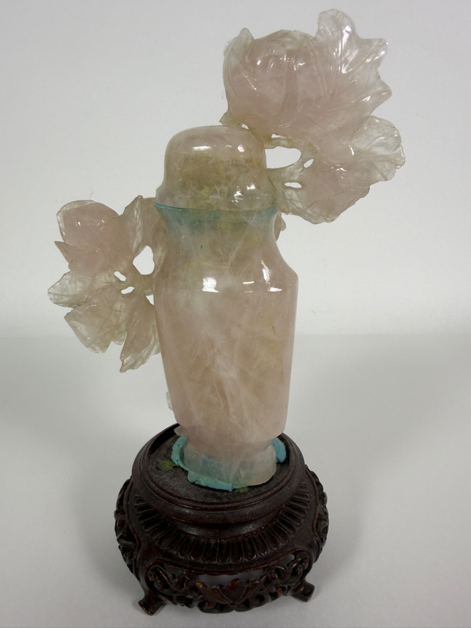 Vintage Chinese Hand Carved Genuine Rose Quartz And Celadon Jade Rose Bouquet Vase Figurine On Fitted Wood Stand 7.5'H [Photo 4]