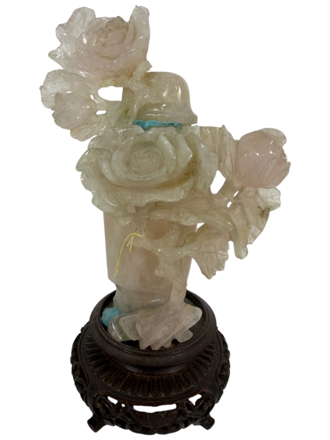 Vintage Chinese Hand Carved Genuine Rose Quartz And Celadon Jade Rose Bouquet Vase Figurine On Fitted Wood Stand 7.5'H