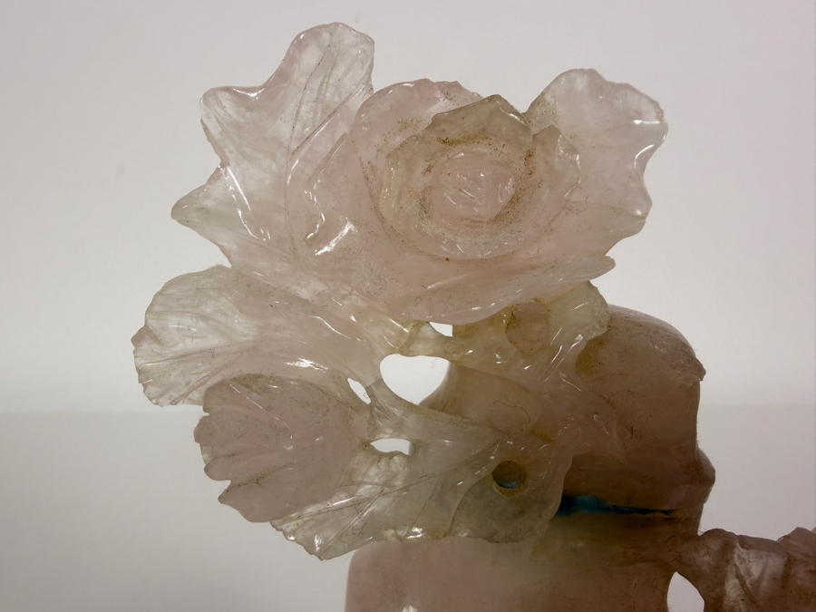 Vintage Chinese Hand Carved Genuine Rose Quartz And Celadon Jade Rose Bouquet Vase Figurine On Fitted Wood Stand 7.5'H [Photo 6]