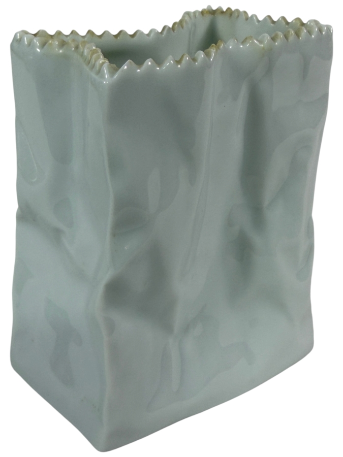 Vintage Tapio Wirkkala For Rosenthal Studio Line Germany White Glazed Bisque Porcelain Crinkled Paper Bag Vase 4'H