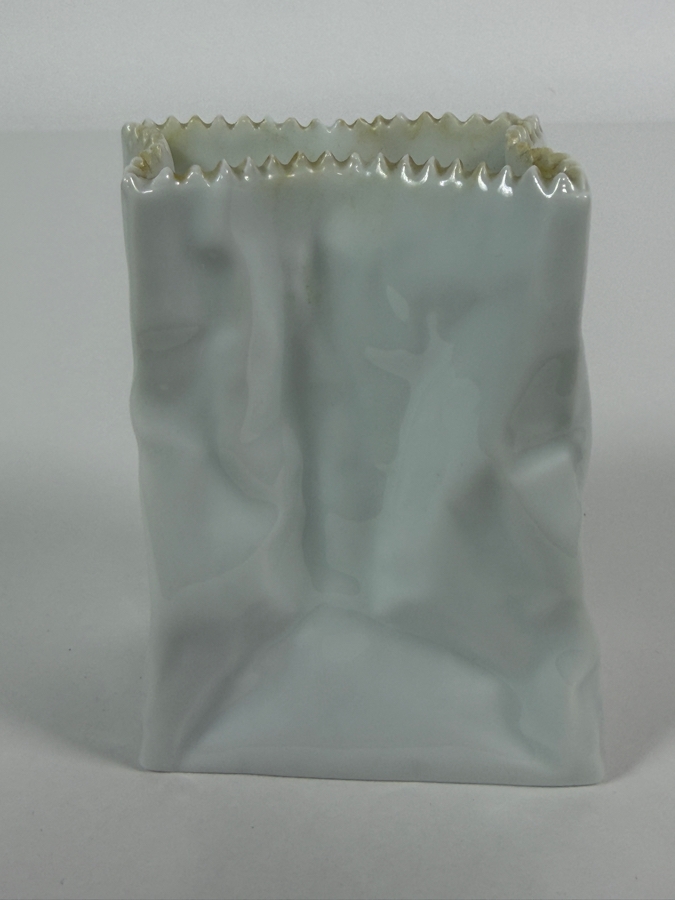 Vintage Tapio Wirkkala For Rosenthal Studio Line Germany White Glazed Bisque Porcelain Crinkled Paper Bag Vase 4'H [Photo 3]