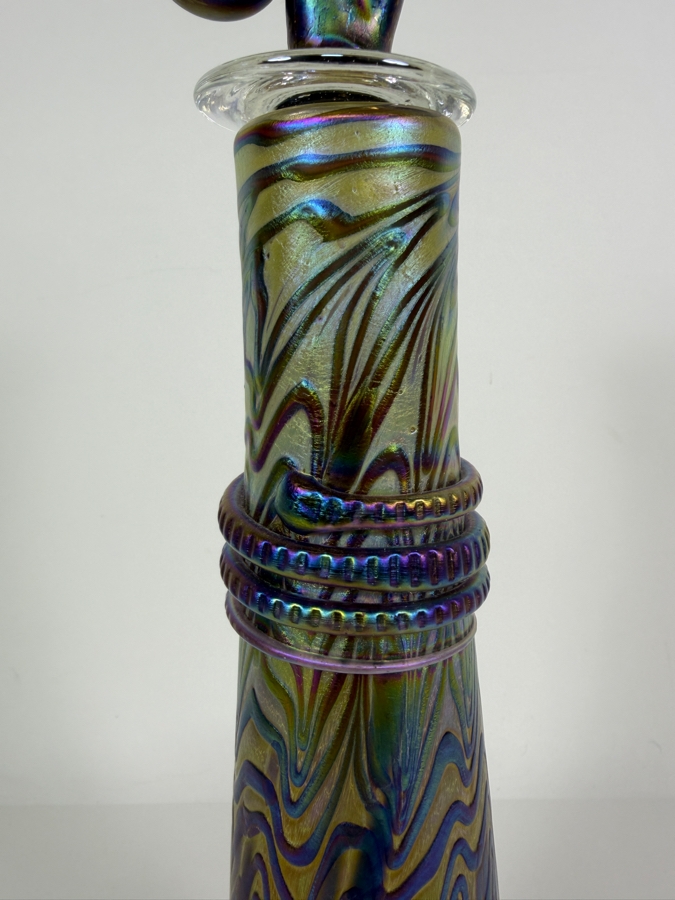 Large Igor Muller Hand Blown Abstract Art Nouveau Iridescent Swirled Art Glass Perfume Bottle With Rams Horn Curled Stopper 13'H [Photo 3]