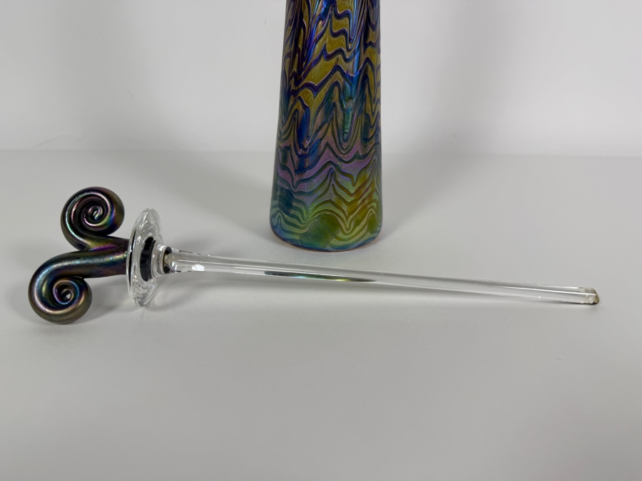 Large Igor Muller Hand Blown Abstract Art Nouveau Iridescent Swirled Art Glass Perfume Bottle With Rams Horn Curled Stopper 13'H [Photo 5]