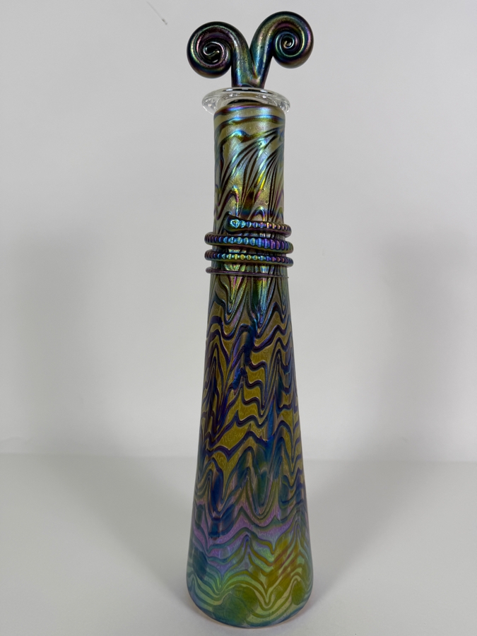 Large Igor Muller Hand Blown Abstract Art Nouveau Iridescent Swirled Art Glass Perfume Bottle With Rams Horn Curled Stopper 13'H [Photo 2]