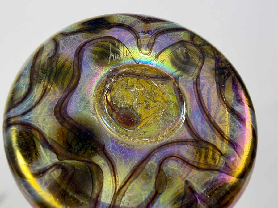 Large Igor Muller Hand Blown Abstract Art Nouveau Iridescent Swirled Art Glass Perfume Bottle With Rams Horn Curled Stopper 13'H [Photo 7]