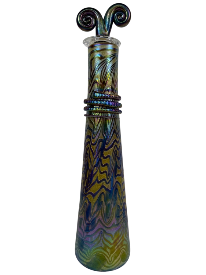Large Igor Muller Hand Blown Abstract Art Nouveau Iridescent Swirled Art Glass Perfume Bottle With Rams Horn Curled Stopper 13'H