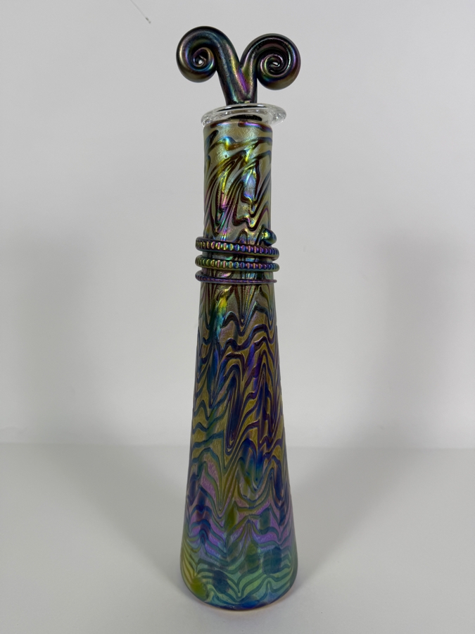 Large Igor Muller Hand Blown Abstract Art Nouveau Iridescent Swirled Art Glass Perfume Bottle With Rams Horn Curled Stopper 13'H [Photo 6]