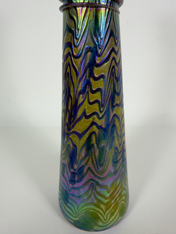 Large Igor Muller Hand Blown Abstract Art Nouveau Iridescent Swirled Art Glass Perfume Bottle With Rams Horn Curled Stopper 13'H [Photo 4]