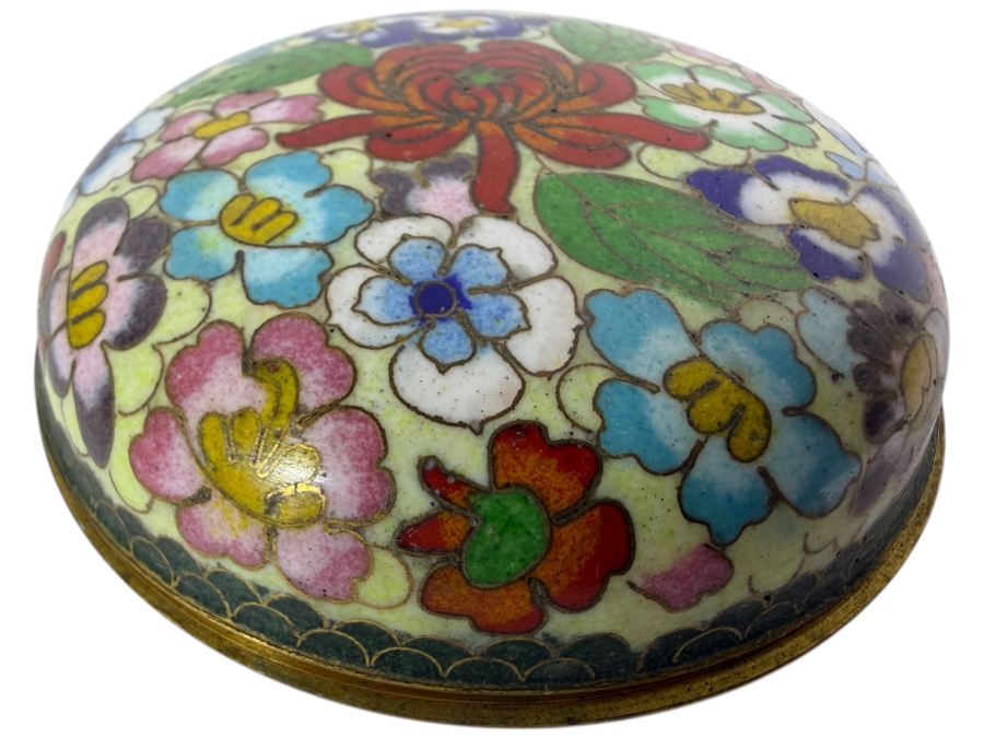 Vintage Chinese Yellow Ground Millefleur Floral Cloisonne Enamel Gilt Brass Hinged Covered Round Trinket Box 3'W