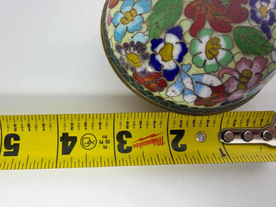 Vintage Chinese Yellow Ground Millefleur Floral Cloisonne Enamel Gilt Brass Hinged Covered Round Trinket Box 3'W [Photo 6]