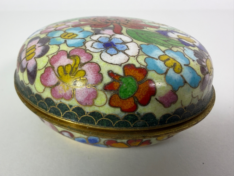 Vintage Chinese Yellow Ground Millefleur Floral Cloisonne Enamel Gilt Brass Hinged Covered Round Trinket Box 3'W [Photo 2]