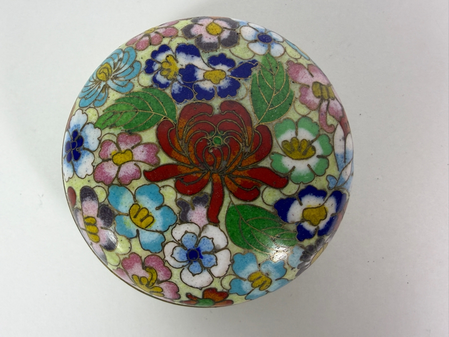 Vintage Chinese Yellow Ground Millefleur Floral Cloisonne Enamel Gilt Brass Hinged Covered Round Trinket Box 3'W [Photo 3]