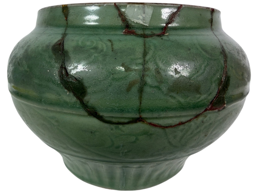 Antique Yuan to Early Ming Dynasty Period Chinese Longquan Celadon Incised Peony Pottery Jar Urn Vase With Early Lacquer Repair Restorations 10'W X 7.5'H