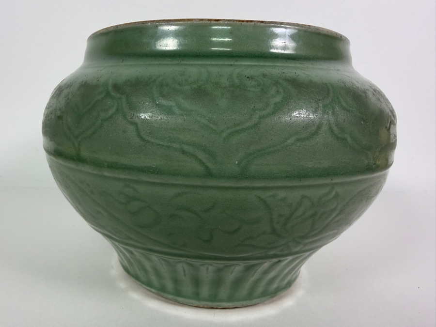 Antique Yuan to Early Ming Dynasty Period Chinese Longquan Celadon Incised Peony Pottery Jar Urn Vase With Early Lacquer Repair Restorations 10'W X 7.5'H [Photo 5]