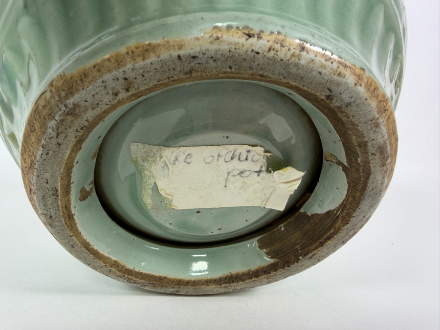 Antique Yuan to Early Ming Dynasty Period Chinese Longquan Celadon Incised Peony Pottery Jar Urn Vase With Early Lacquer Repair Restorations 10'W X 7.5'H [Photo 6]