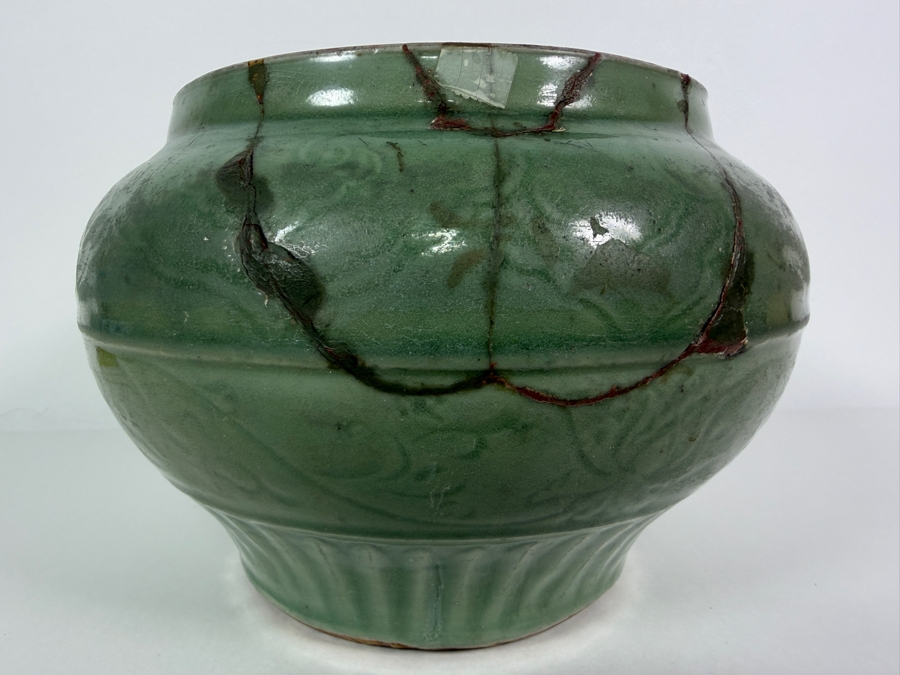 Antique Yuan to Early Ming Dynasty Period Chinese Longquan Celadon Incised Peony Pottery Jar Urn Vase With Early Lacquer Repair Restorations 10'W X 7.5'H [Photo 2]