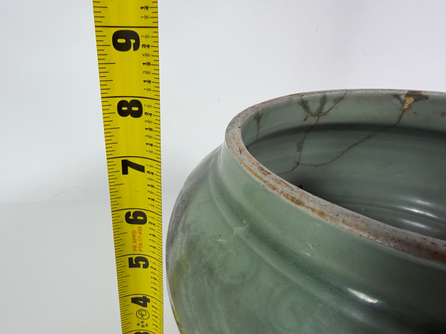 Antique Yuan to Early Ming Dynasty Period Chinese Longquan Celadon Incised Peony Pottery Jar Urn Vase With Early Lacquer Repair Restorations 10'W X 7.5'H [Photo 7]