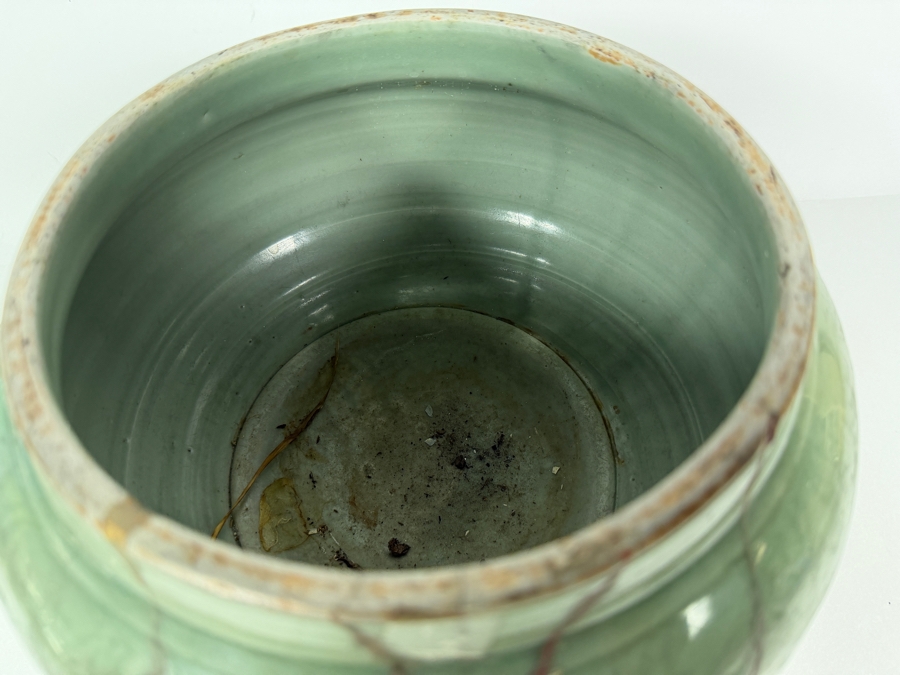 Antique Yuan to Early Ming Dynasty Period Chinese Longquan Celadon Incised Peony Pottery Jar Urn Vase With Early Lacquer Repair Restorations 10'W X 7.5'H [Photo 4]