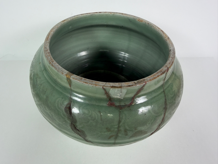 Antique Yuan to Early Ming Dynasty Period Chinese Longquan Celadon Incised Peony Pottery Jar Urn Vase With Early Lacquer Repair Restorations 10'W X 7.5'H [Photo 3]