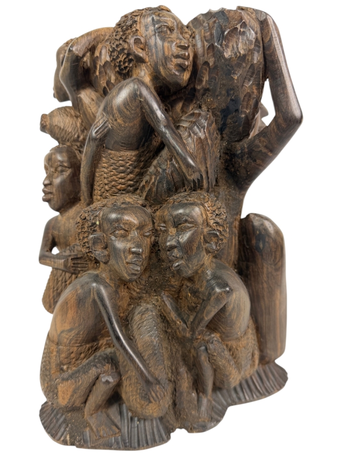 Vintage East African Makonde Hand Carved Dark Ebony Wood Dama Family Tree Unit Of Life Interlocking Tribal Figures Sculpture 9'H