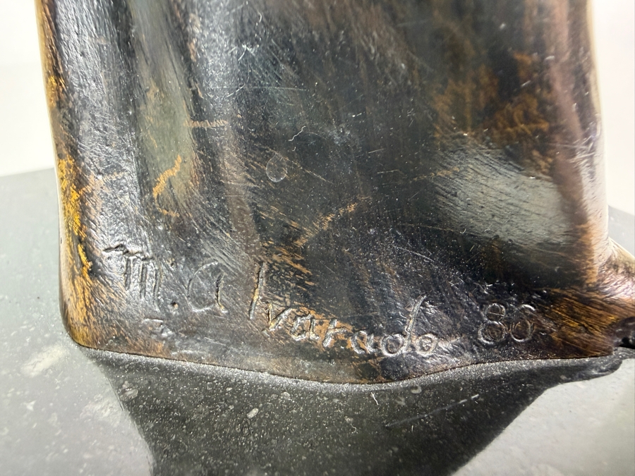 Vintage 1986 Signed M. Alvarado Modernist Standing Woman Hands On Hips Cast Bronze Sculpture Mounted On Polished Black Marble Base 9.5'H [Photo 6]