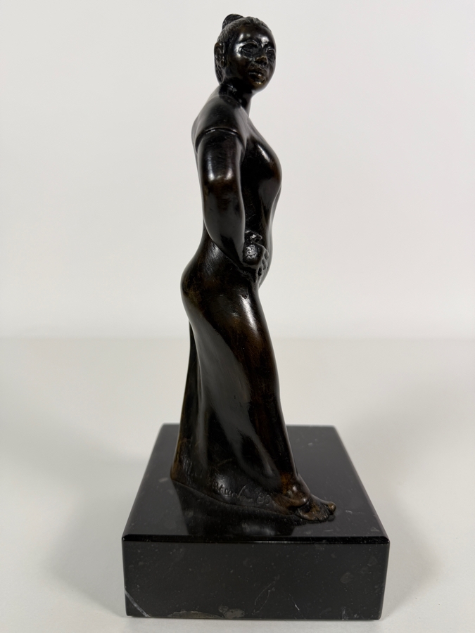 Vintage 1986 Signed M. Alvarado Modernist Standing Woman Hands On Hips Cast Bronze Sculpture Mounted On Polished Black Marble Base 9.5'H [Photo 3]