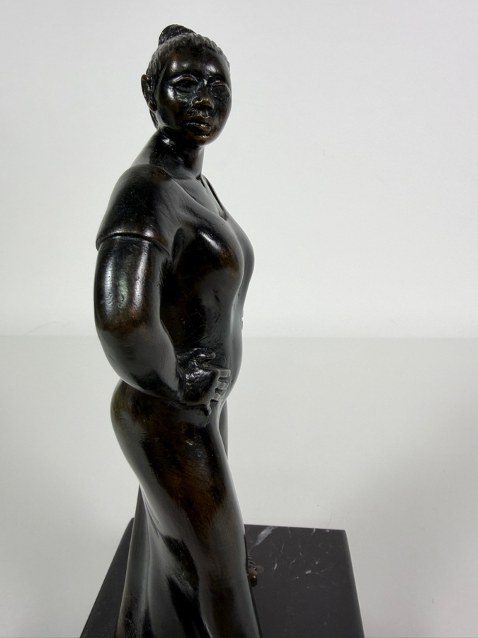 Vintage 1986 Signed M. Alvarado Modernist Standing Woman Hands On Hips Cast Bronze Sculpture Mounted On Polished Black Marble Base 9.5'H [Photo 4]