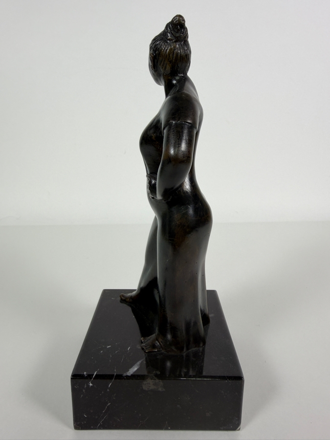 Vintage 1986 Signed M. Alvarado Modernist Standing Woman Hands On Hips Cast Bronze Sculpture Mounted On Polished Black Marble Base 9.5'H [Photo 9]