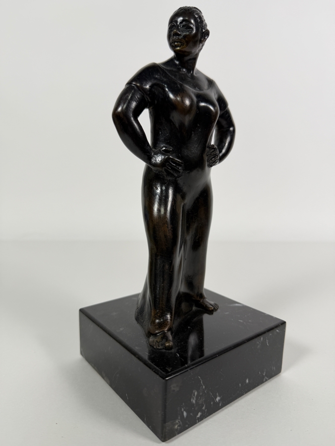 Vintage 1986 Signed M. Alvarado Modernist Standing Woman Hands On Hips Cast Bronze Sculpture Mounted On Polished Black Marble Base 9.5'H [Photo 2]