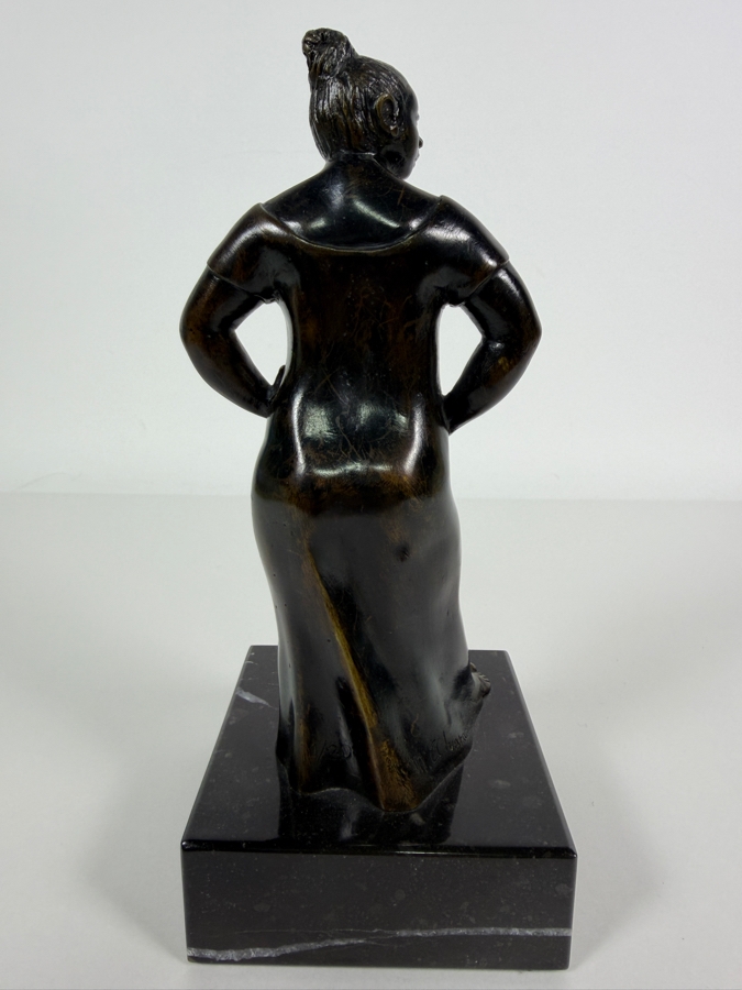 Vintage 1986 Signed M. Alvarado Modernist Standing Woman Hands On Hips Cast Bronze Sculpture Mounted On Polished Black Marble Base 9.5'H [Photo 8]