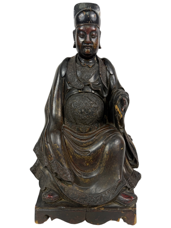 Antique Chinese Ming Dynasty Style Seated Emperor Bureaucratic Official Lacquered Gilt Intricately Carved Wooden Throne Figurine Sculpture - See Photos For Detail 9'W X 8'D X 17'H