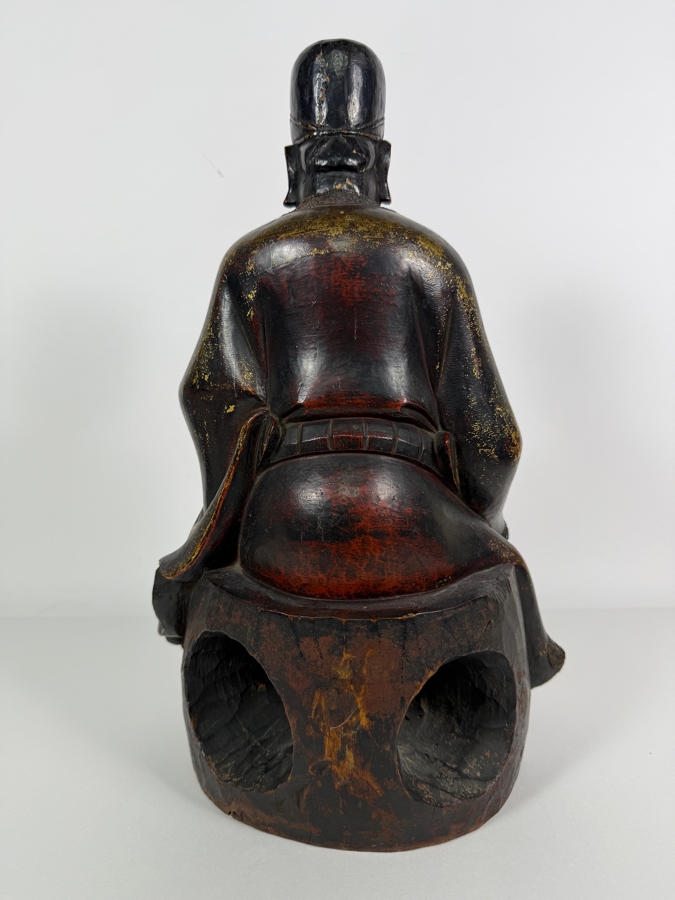 Antique Chinese Ming Dynasty Style Seated Emperor Bureaucratic Official Lacquered Gilt Intricately Carved Wooden Throne Figurine Sculpture - See Photos For Detail 9'W X 8'D X 17'H [Photo 9]