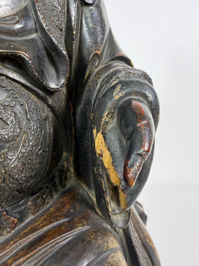 Antique Chinese Ming Dynasty Style Seated Emperor Bureaucratic Official Lacquered Gilt Intricately Carved Wooden Throne Figurine Sculpture - See Photos For Detail 9'W X 8'D X 17'H [Photo 5]