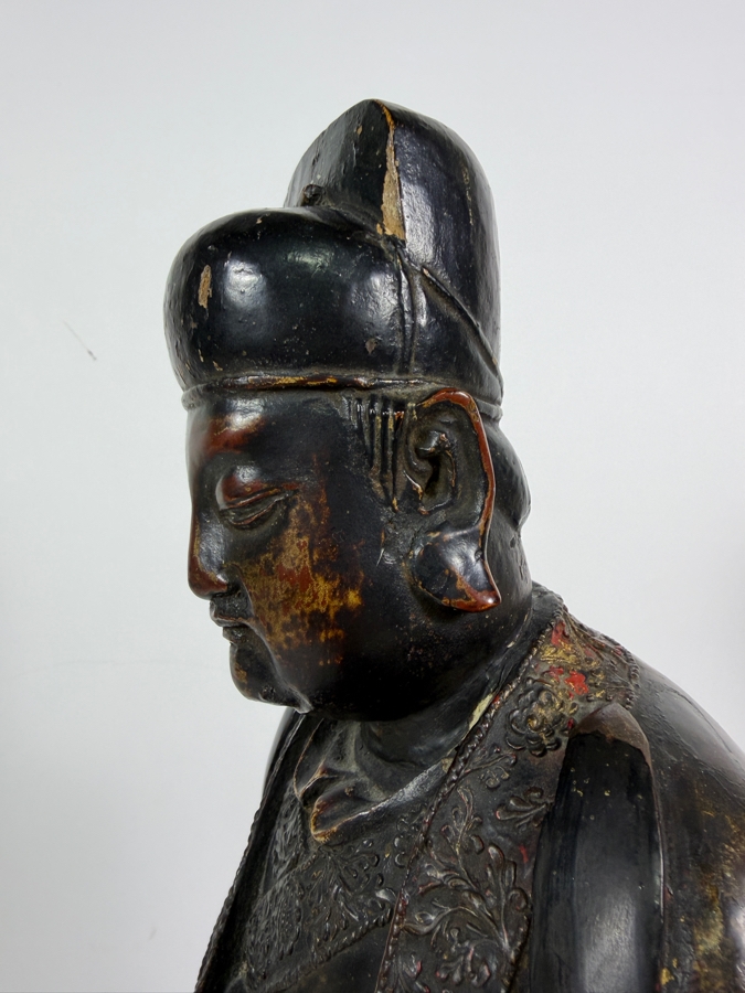Antique Chinese Ming Dynasty Style Seated Emperor Bureaucratic Official Lacquered Gilt Intricately Carved Wooden Throne Figurine Sculpture - See Photos For Detail 9'W X 8'D X 17'H [Photo 13]