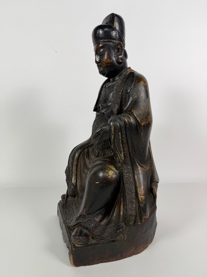 Antique Chinese Ming Dynasty Style Seated Emperor Bureaucratic Official Lacquered Gilt Intricately Carved Wooden Throne Figurine Sculpture - See Photos For Detail 9'W X 8'D X 17'H [Photo 12]