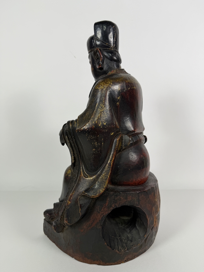 Antique Chinese Ming Dynasty Style Seated Emperor Bureaucratic Official Lacquered Gilt Intricately Carved Wooden Throne Figurine Sculpture - See Photos For Detail 9'W X 8'D X 17'H [Photo 11]