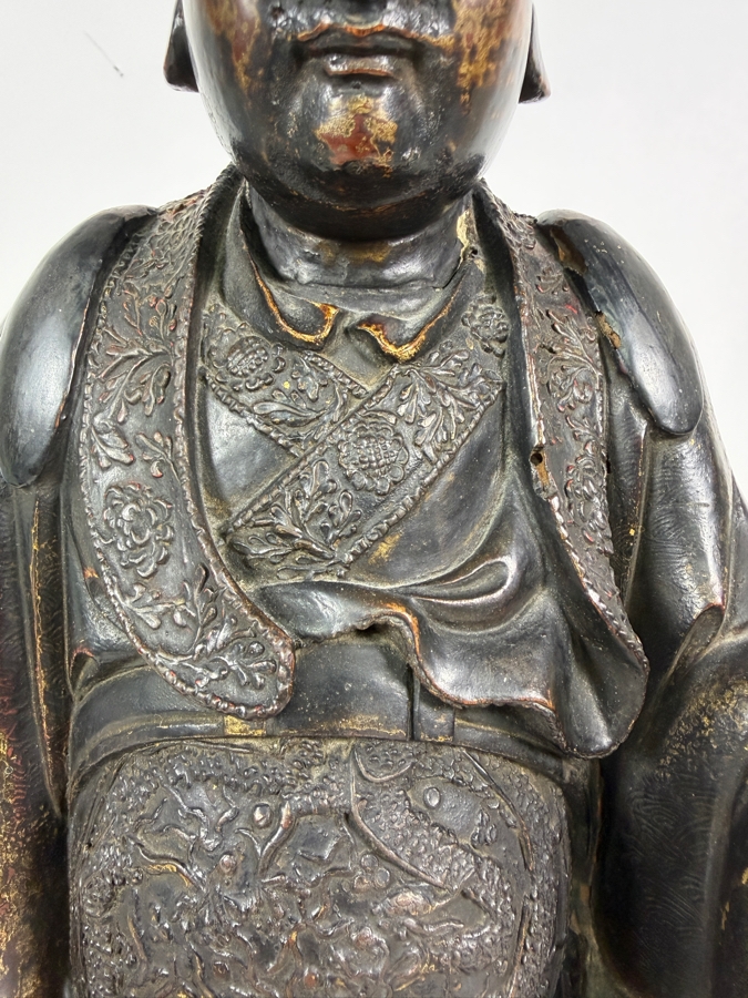 Antique Chinese Ming Dynasty Style Seated Emperor Bureaucratic Official Lacquered Gilt Intricately Carved Wooden Throne Figurine Sculpture - See Photos For Detail 9'W X 8'D X 17'H [Photo 3]