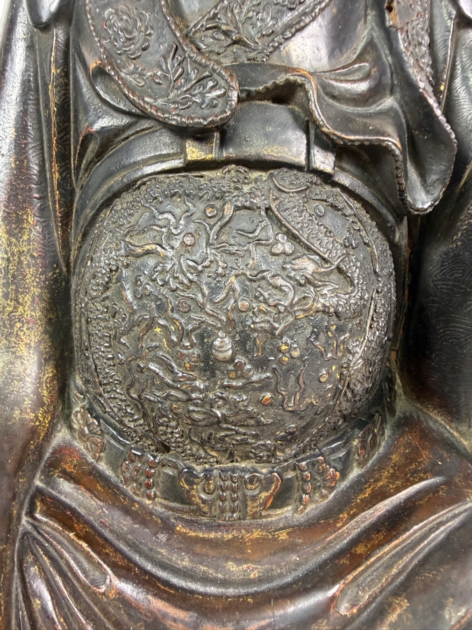 Antique Chinese Ming Dynasty Style Seated Emperor Bureaucratic Official Lacquered Gilt Intricately Carved Wooden Throne Figurine Sculpture - See Photos For Detail 9'W X 8'D X 17'H [Photo 2]