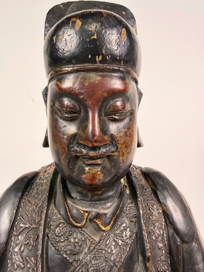 Antique Chinese Ming Dynasty Style Seated Emperor Bureaucratic Official Lacquered Gilt Intricately Carved Wooden Throne Figurine Sculpture - See Photos For Detail 9'W X 8'D X 17'H [Photo 4]