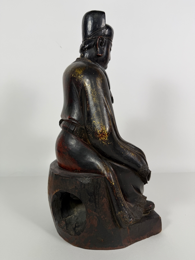 Antique Chinese Ming Dynasty Style Seated Emperor Bureaucratic Official Lacquered Gilt Intricately Carved Wooden Throne Figurine Sculpture - See Photos For Detail 9'W X 8'D X 17'H [Photo 8]